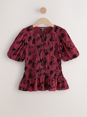 Red/Black Check Flocked Puff Short Sleeve Blouse - Image 5 of 7