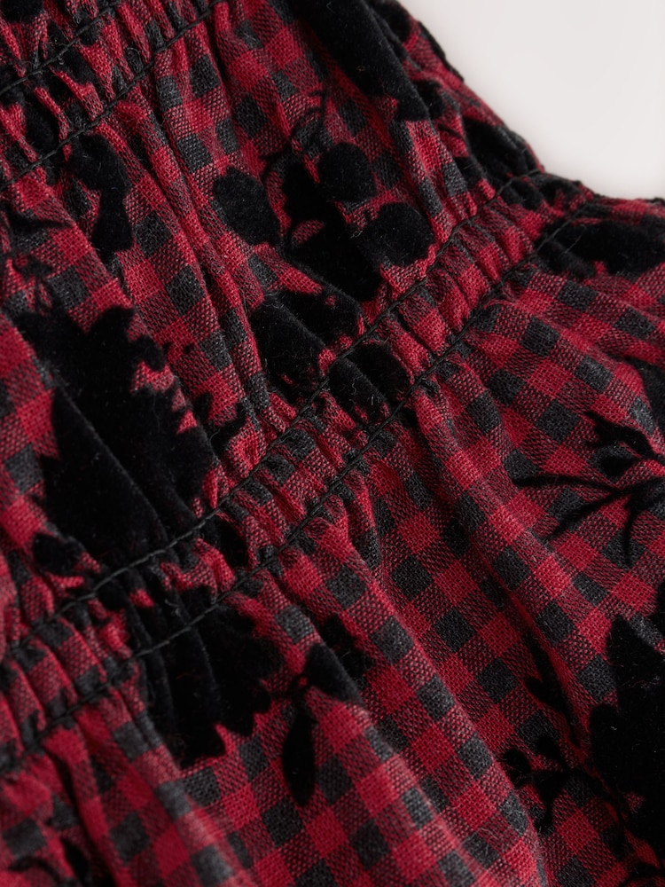 Red/Black Check Flocked Puff Short Sleeve Blouse - Image 7 of 7