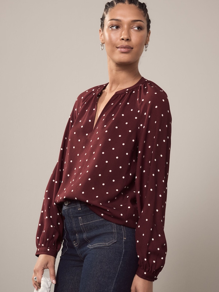 Burgundy Polka Dot Long Sleeve V-Neck Blouse - Image 1 of 9