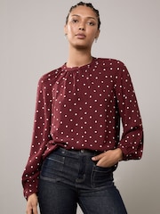 Burgundy Polka Dot Long Sleeve V-Neck Blouse - Image 2 of 9