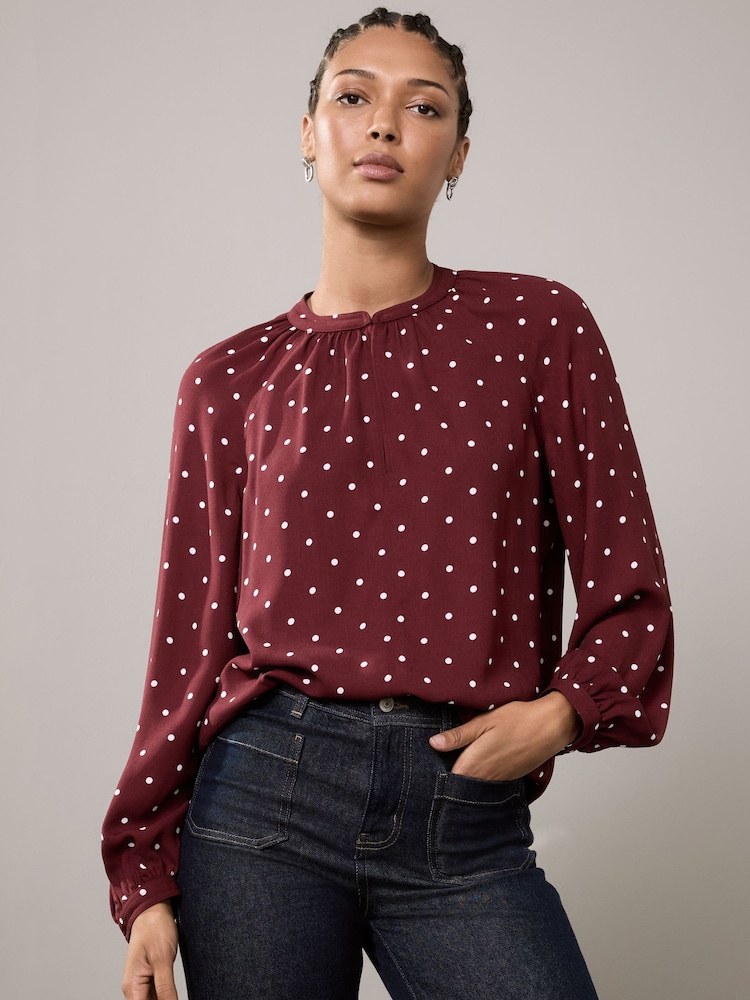 Burgundy Polka Dot Long Sleeve V-Neck Blouse - Image 2 of 9