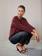 Burgundy Polka Dot Long Sleeve V-Neck Blouse - Image 3 of 9