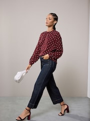 Burgundy Polka Dot Long Sleeve V-Neck Blouse - Image 4 of 9