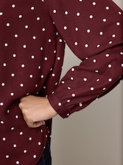 Burgundy Polka Dot Long Sleeve V-Neck Blouse - Image 6 of 9