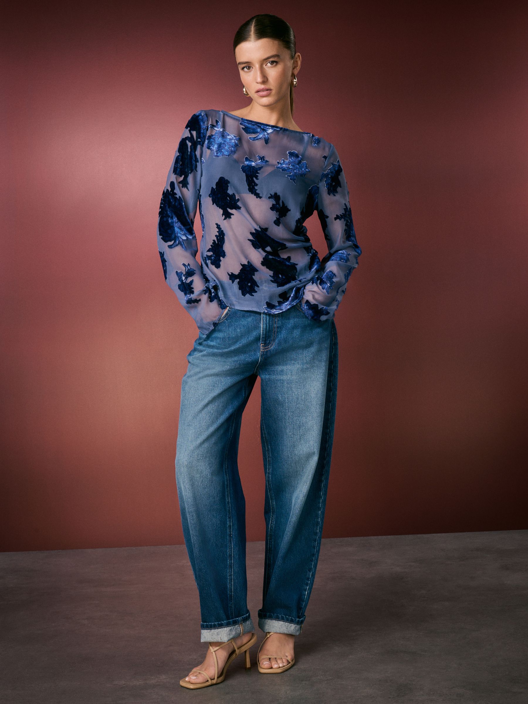 Buy Blue Sheer Velvet Floral Flocked Long Sleeve Top from Next USA