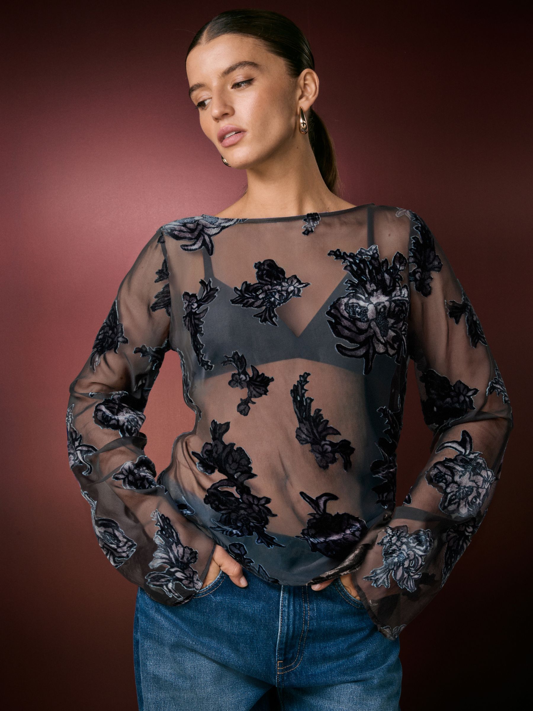Buy Black Sheer Velvet Floral Flocked Long Sleeve Top from Next USA