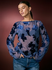 Black Sheer Velvet Floral Flocked Long Sleeve Top - Image 1 of 5