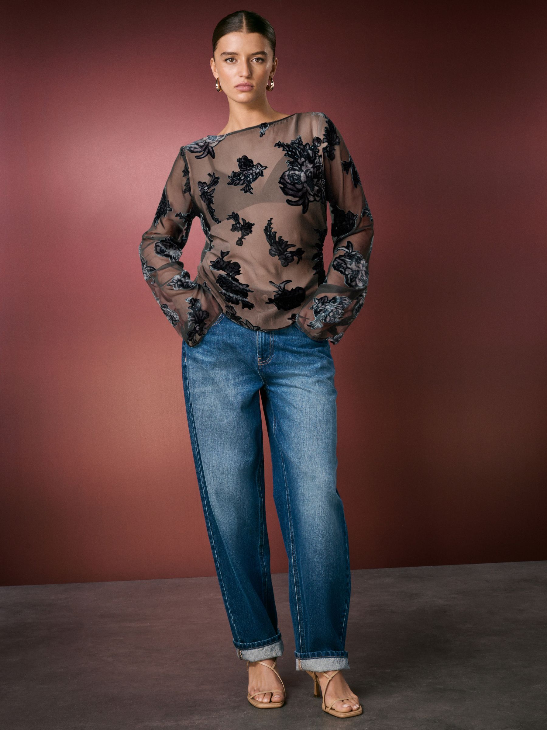 Buy Black Sheer Velvet Floral Flocked Long Sleeve Top from Next USA