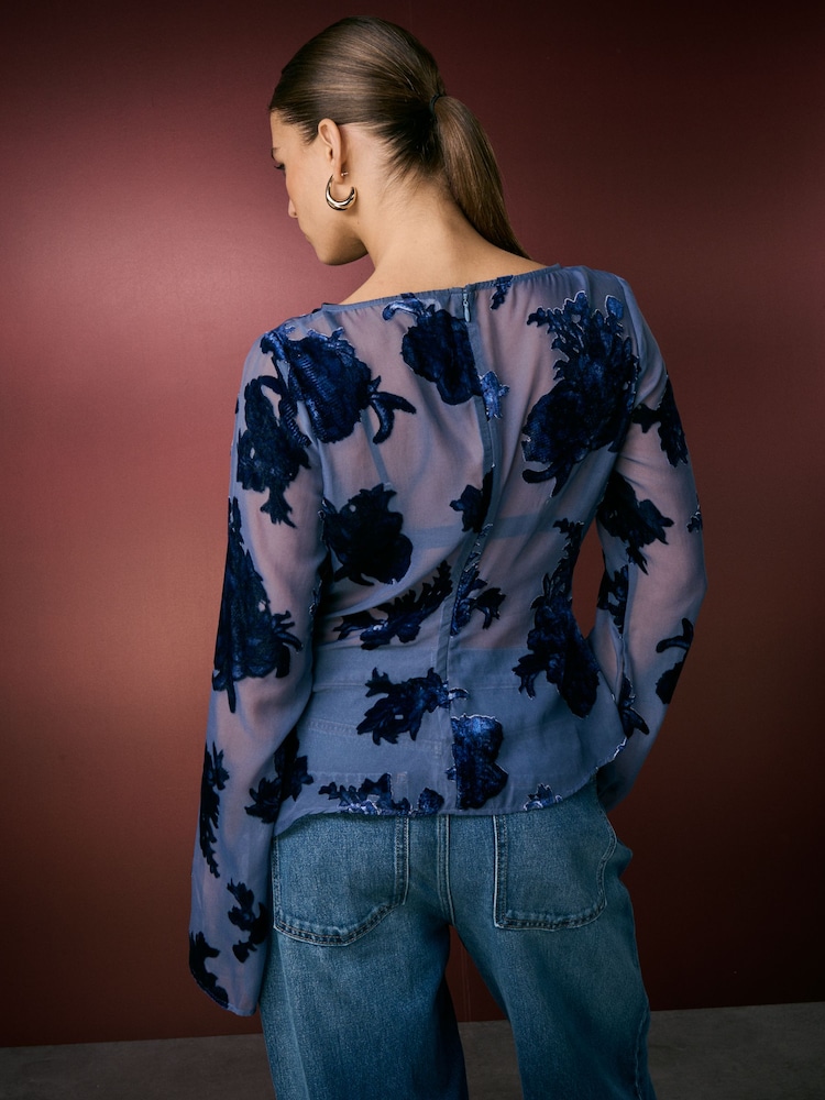 Black Sheer Velvet Floral Flocked Long Sleeve Top - Image 2 of 5