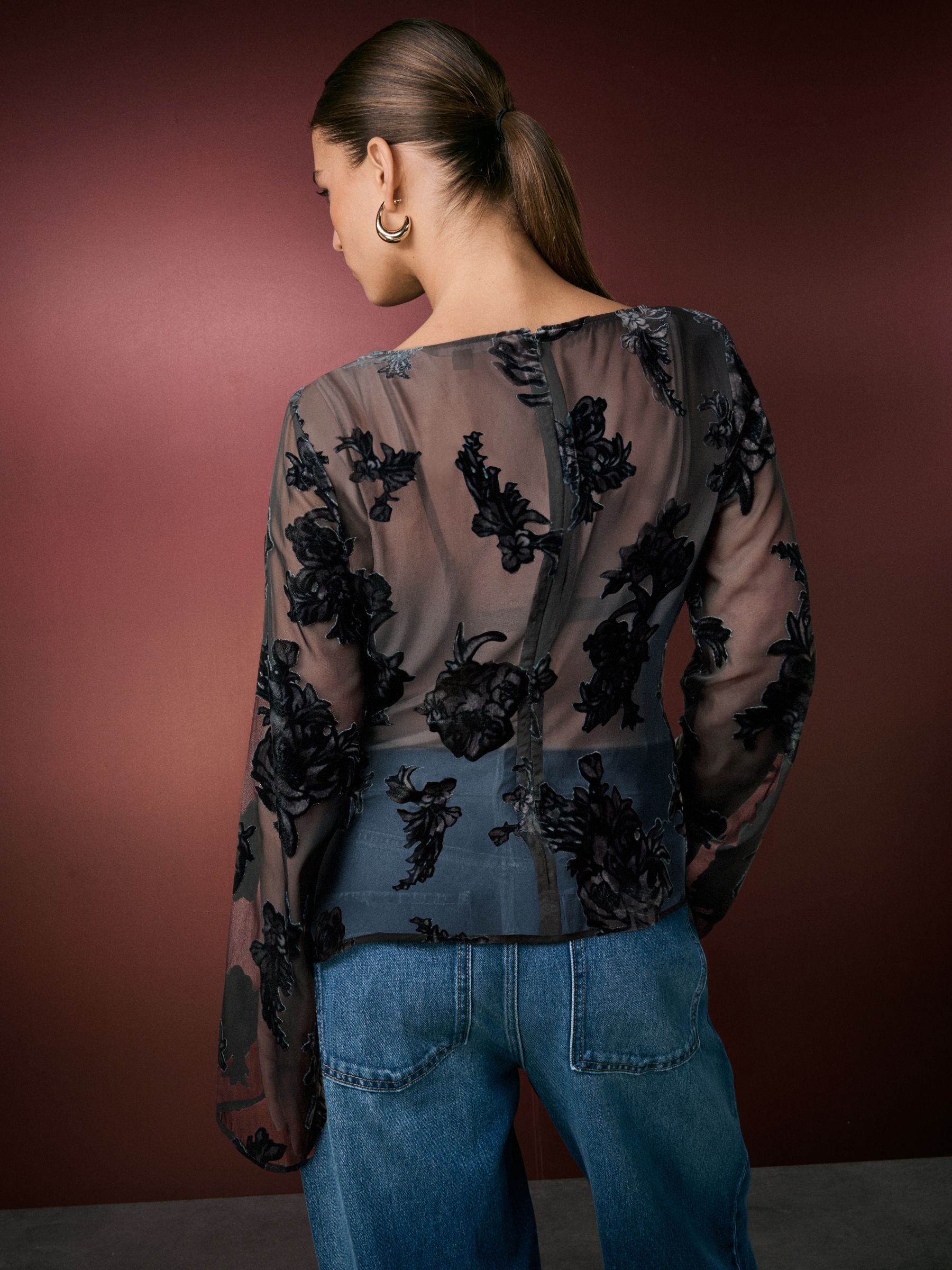 Buy Black Sheer Velvet Floral Flocked Long Sleeve Top from Next USA