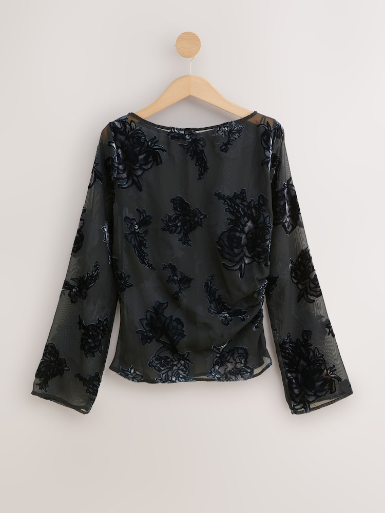 Black Sheer Velvet Floral Flocked Long Sleeve Top - Image 2 of 5