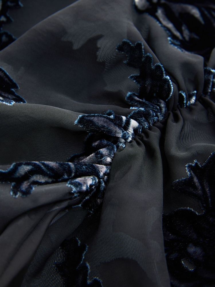 Black Sheer Velvet Floral Flocked Long Sleeve Top - Image 6 of 6