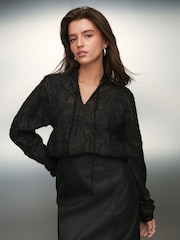 Black Jacquard Long Sleeve Blouse - Image 1 of 7