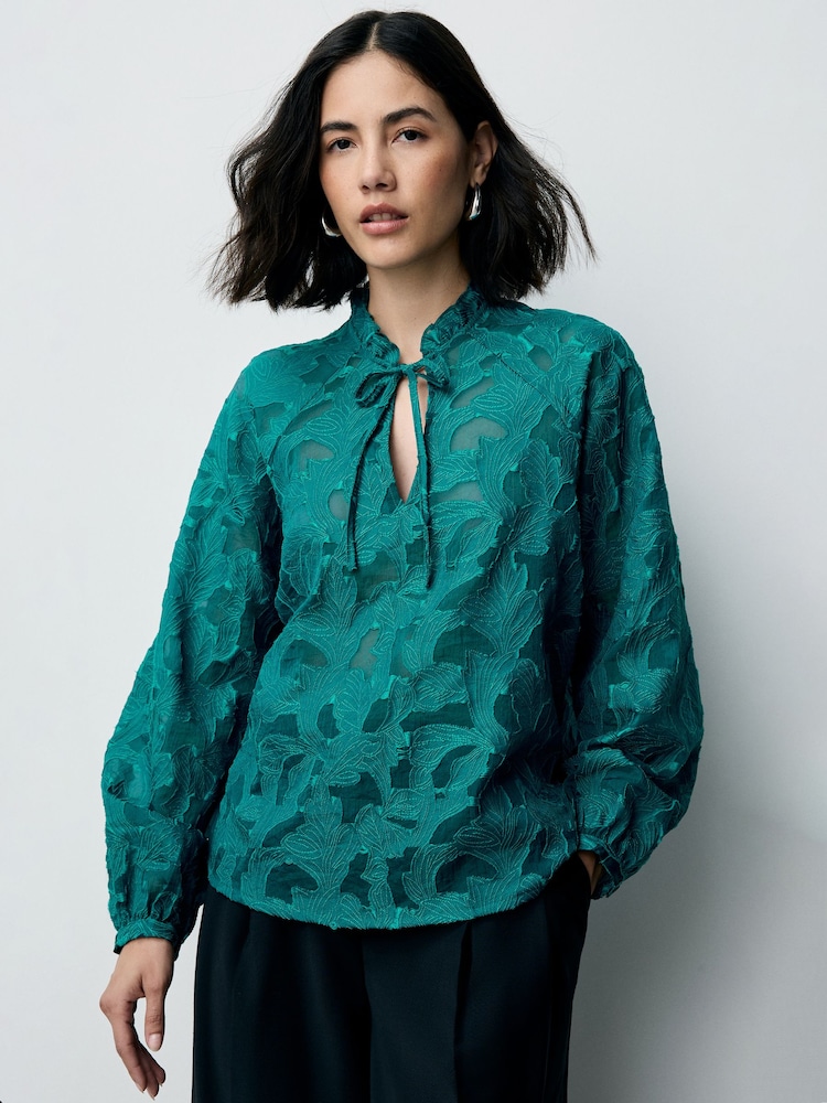 Teal Blue Jacquard Long Sleeve Blouse - Image 1 of 8