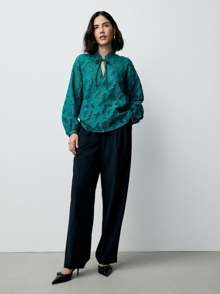 Teal Blue Jacquard Long Sleeve Blouse - Image 2 of 8 Teal Blue Jacquard Long Sleeve Blouse - Image 2 of 8