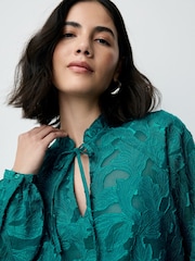 Teal Blue Jacquard Long Sleeve Blouse - Image 4 of 8