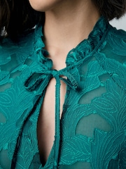 Teal Blue Jacquard Long Sleeve Blouse - Image 5 of 8