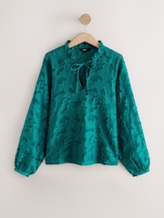 Teal Blue Jacquard Long Sleeve Blouse - Image 8 of 8