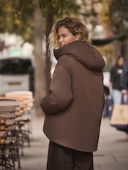 Chocolate Brown Bubble Hem Padded Coat with Hood - Image 3 of 9