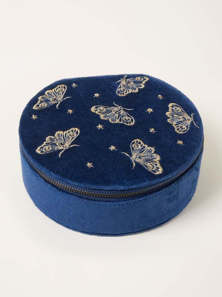 FatFace Navy Moth Embroidered Large Jewellery Box - Image 1 of 2 FatFace Navy Moth Embroidered Large Jewellery Box - Image 1 of 2