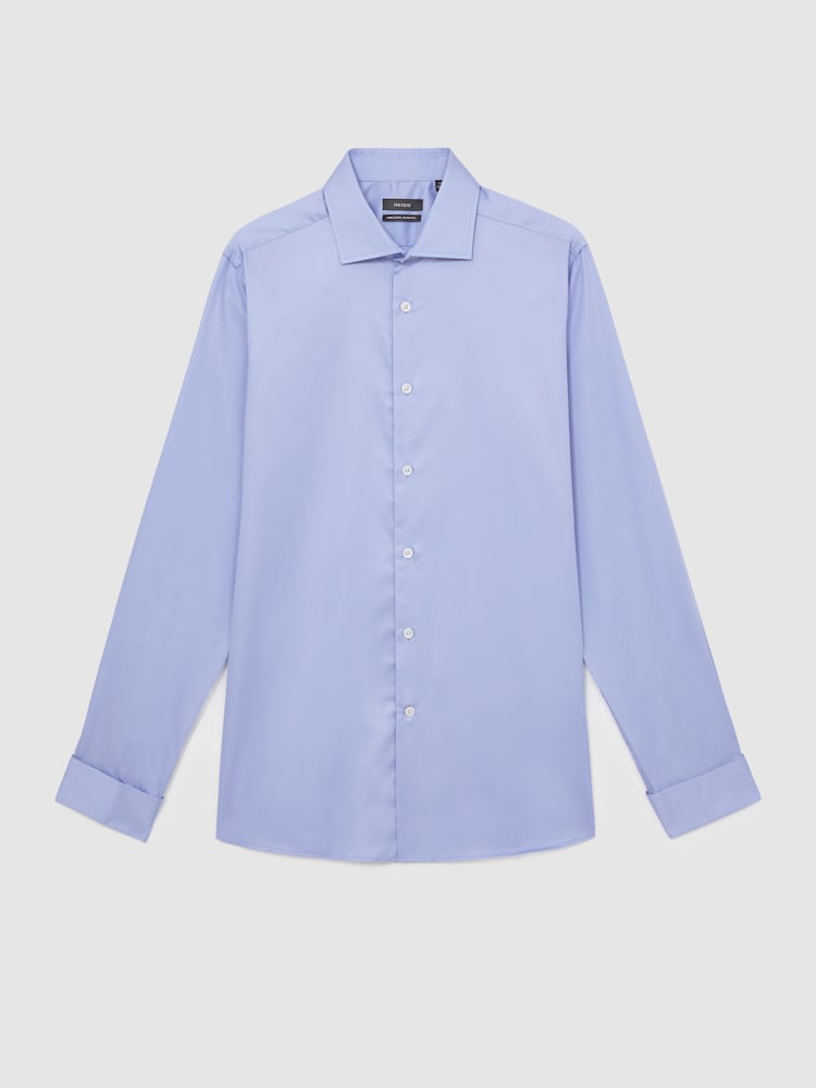 Reiss Mid Blue Remote Slim Fit Cotton Satin Double Cuff Shirt - Image 2 of 8