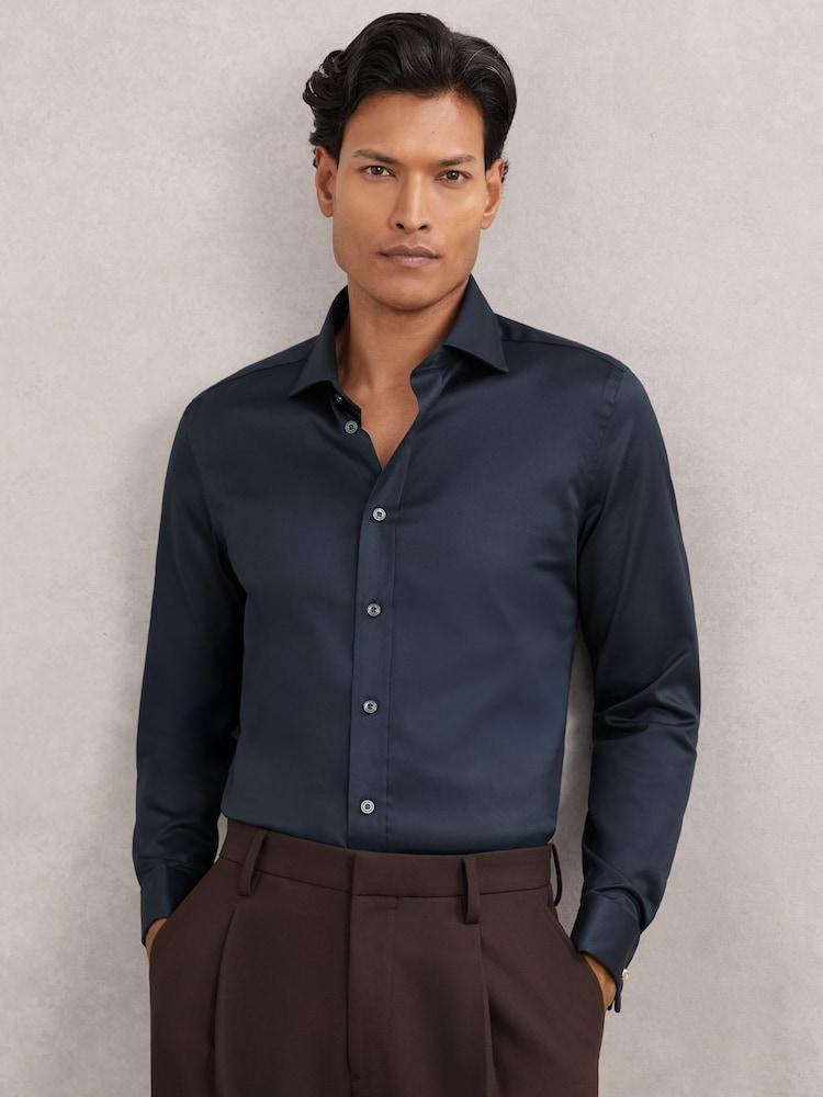 Azul marino - Corte slim - Reiss Bishopsgate Cotton-Tencel Stretch Double Cuff Shirt - Imagen 1 de 8