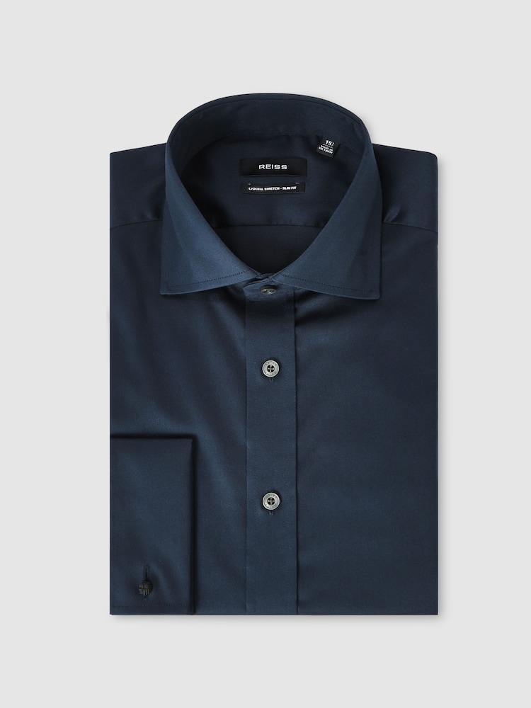 Azul marino - Corte slim - Reiss Bishopsgate Cotton-Tencel Stretch Double Cuff Shirt - Imagen 2 de 8