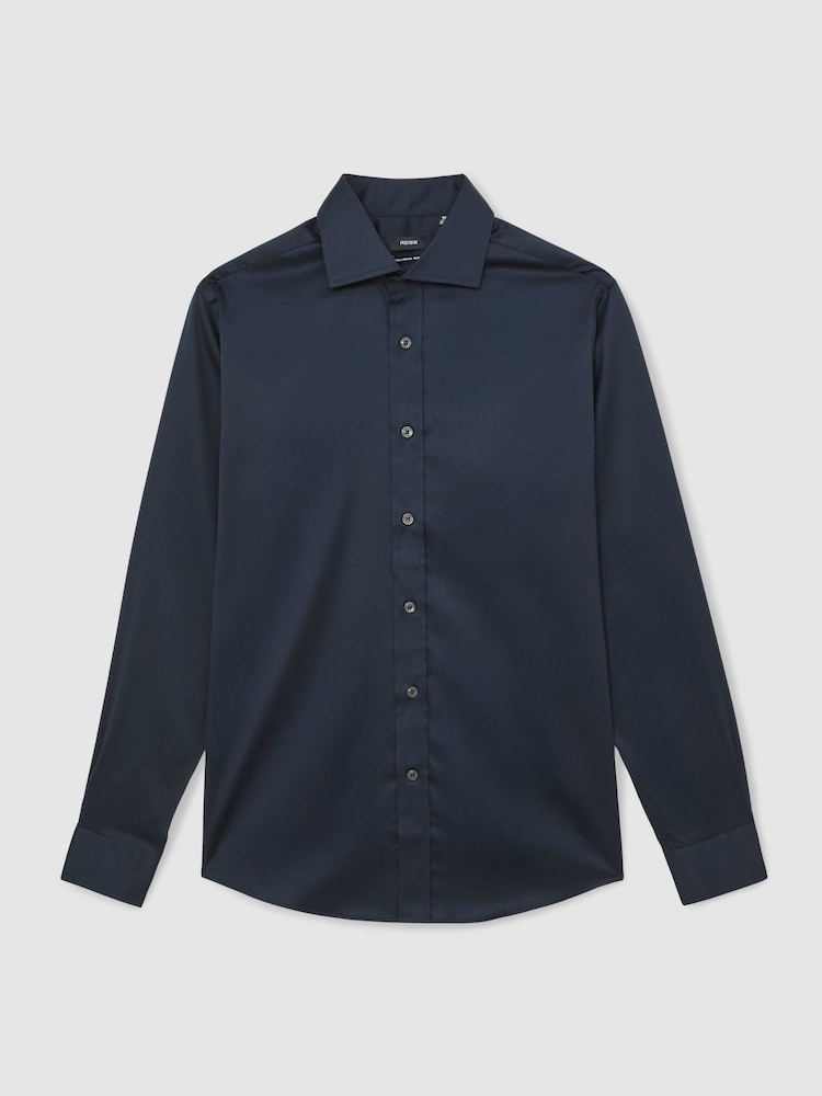 Azul marino - Corte slim - Reiss Bishopsgate Cotton-Tencel Stretch Double Cuff Shirt - Imagen 8 de 8