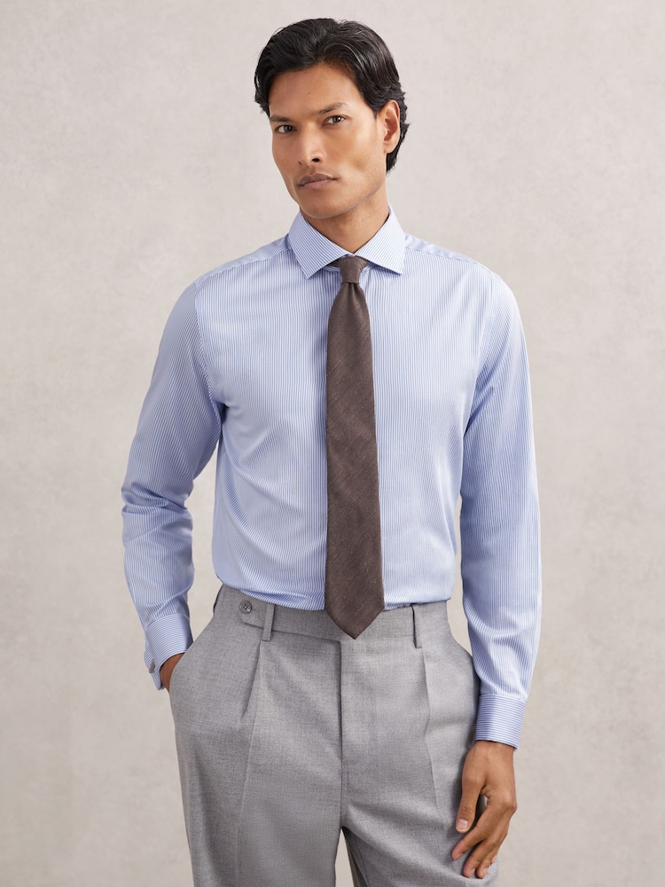 Reiss Blue Stripe Remote Double Cuff Regular Fit Cotton-Sateen Shirt - Image 1 of 7 Reiss Blue Stripe Remote Double Cuff Regular Fit Cotton-Sateen Shirt - Image 1 of 7