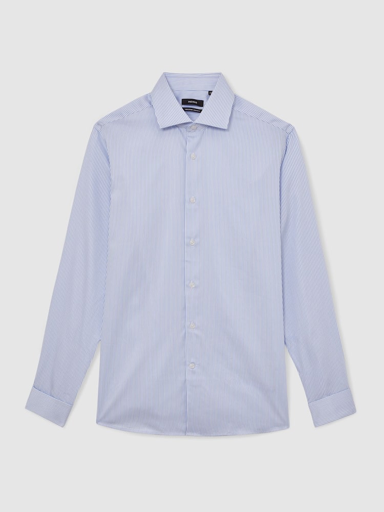 Reiss Blue Stripe Remote Double Cuff Regular Fit Cotton-Sateen Shirt - Image 7 of 7 Reiss Blue Stripe Remote Double Cuff Regular Fit Cotton-Sateen Shirt - Image 7 of 7