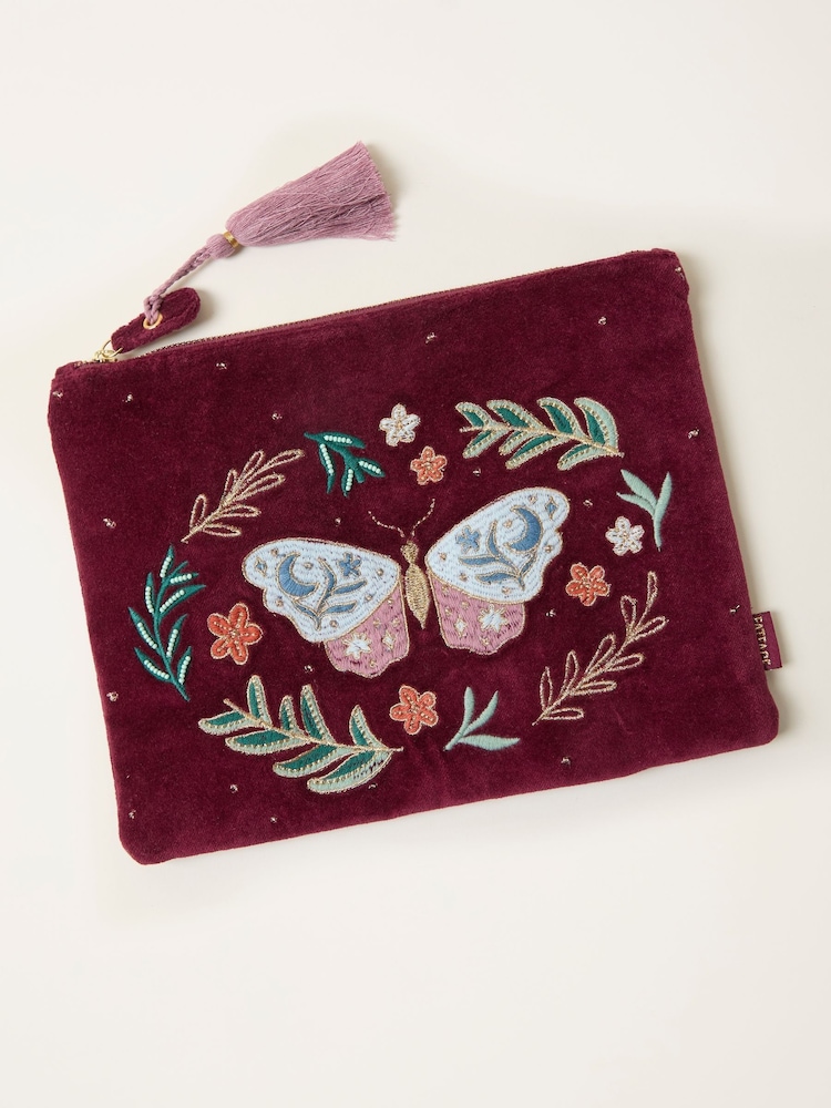 FatFace Burgundy Red Moth Embroidered Velvet Pouch - Image 1 of 2 FatFace Burgundy Red Moth Embroidered Velvet Pouch - Image 1 of 2