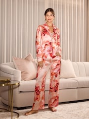 Pink Orange Floral - Conjunto de pijama de cetim estampado de manga comprida Lipsy Relaxed - Imagem 1 de 4