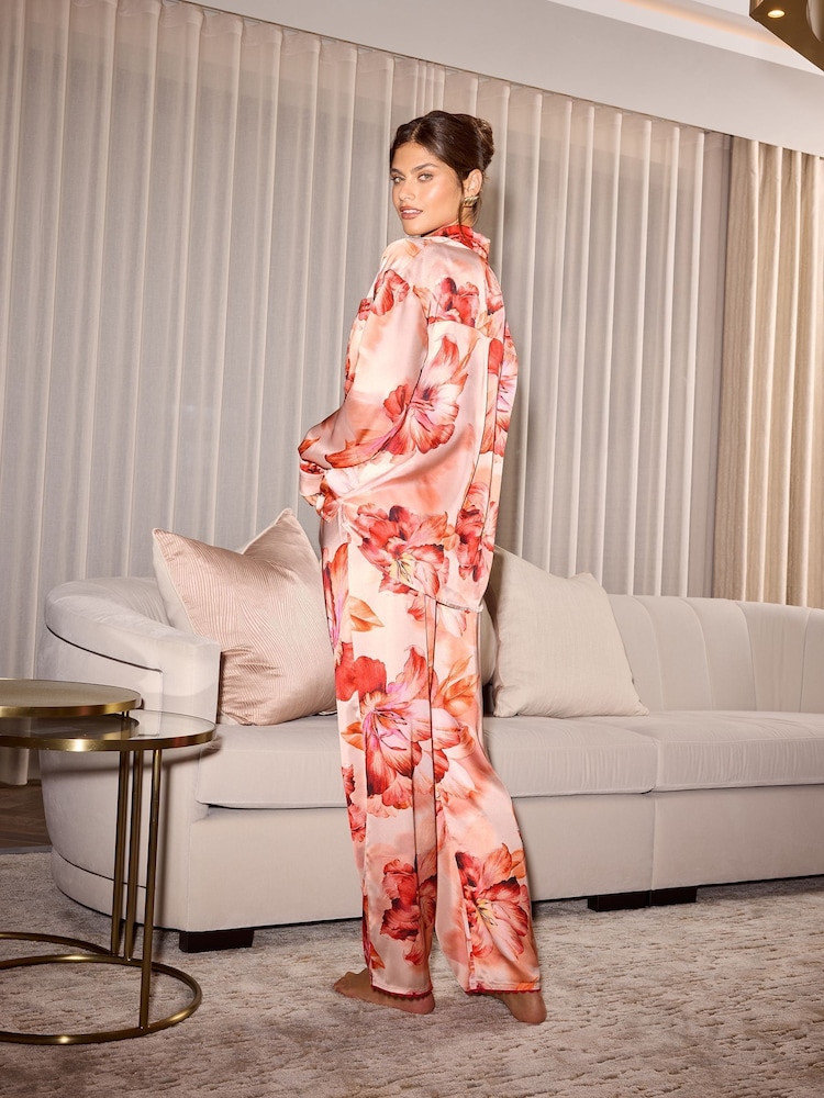 Pink Orange Floral - Conjunto de pijama de cetim estampado de manga comprida Lipsy Relaxed - Imagem 4 de 4