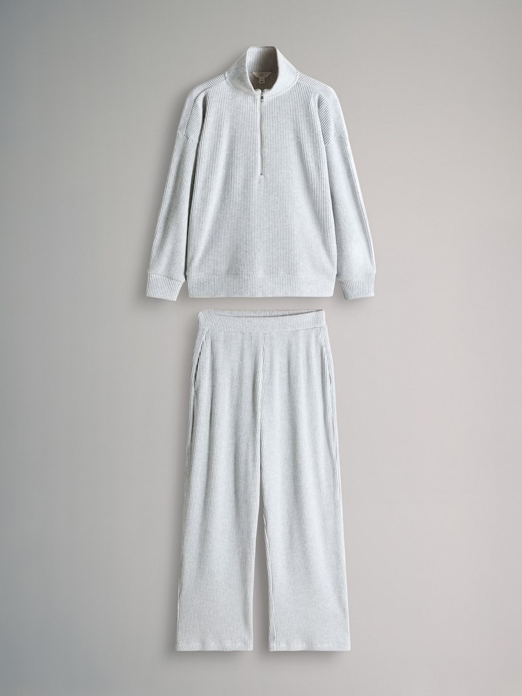 The Set Grey 2 Pack Soft Rib Half Zip Funnel Neck Sweatshirt and Wide Leg Joggers Lounge Set - Image 1 of 5