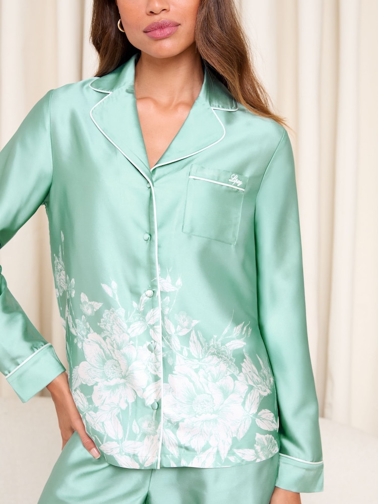 Lipsy Teal Floral Satin Long Sleeve Pyjamas Set with Lace Details - Image 2 of 4 Lipsy Teal Floral Satin Long Sleeve Pyjamas Set with Lace Details - Image 2 of 4