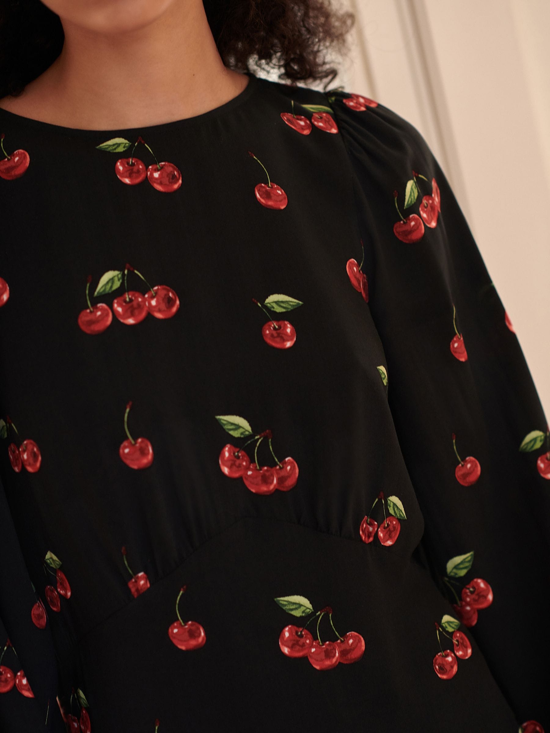 Buy Black Cherry Print Mini Long Sleeve A-Line Seam Detail Dress