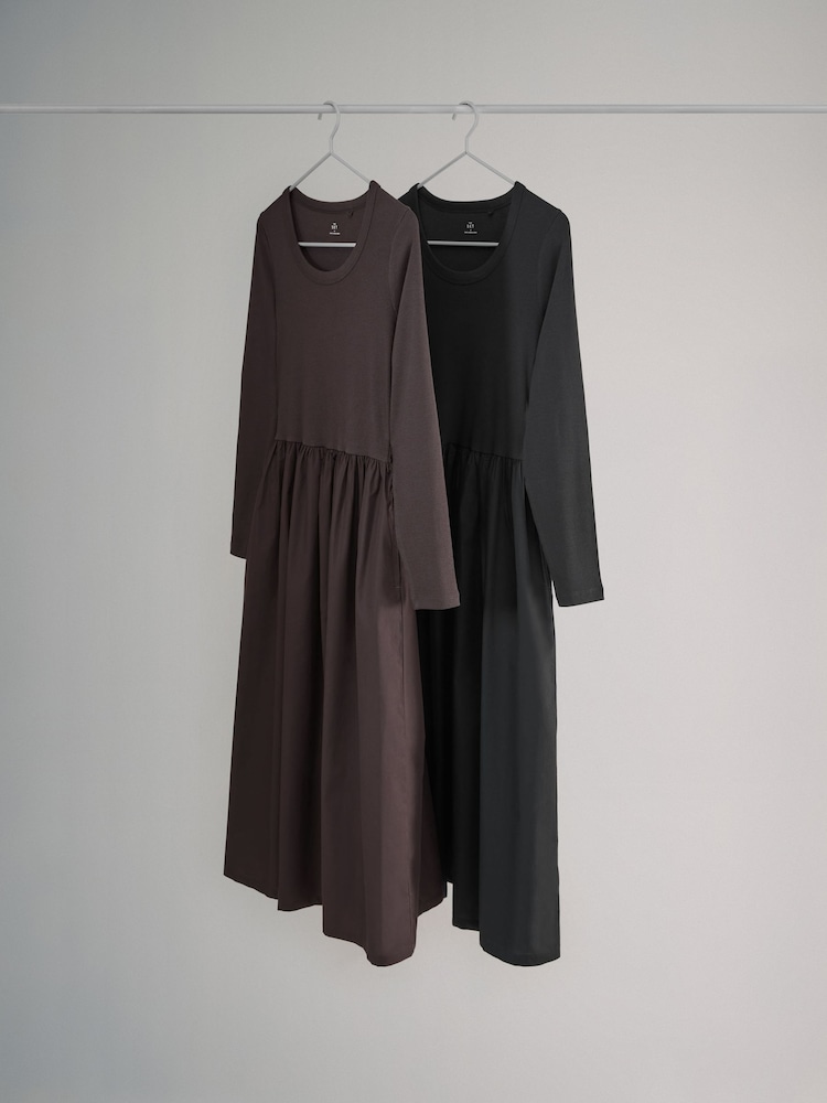 The Set Black/Chocolate Brown 2 Pack Long Sleeve Jersey Woven Mix Dresses - Image 1 of 3