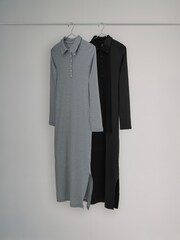The Set Black/Stripe 2 Pack Collared Rib Midi Dresses - Image 2 of 11