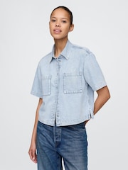 Gap Light Blue UltraSoft Cropped Denim Shirt - Image 1 of 5