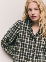 Green/Blue Check Ruffle Neck Long Sleeve Blouse - Image 1 of 8