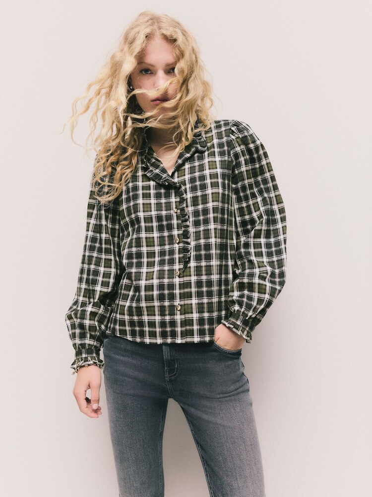 Green/Blue Check Ruffle Neck Long Sleeve Blouse - Image 2 of 8