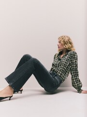 Green/Blue Check Ruffle Neck Long Sleeve Blouse - Image 3 of 8