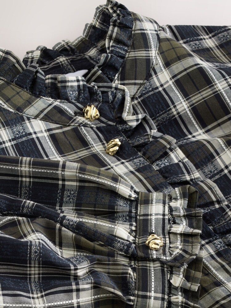 Green/Blue Check Ruffle Neck Long Sleeve Blouse - Image 8 of 8