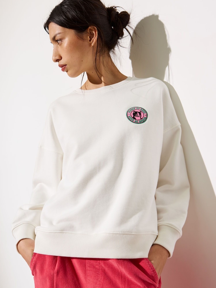 Oliver Bonas Cream 100% Cotton Cat Graphic Sweatshirt - Image 1 of 8 Oliver Bonas Cream 100% Cotton Cat Graphic Sweatshirt - Image 1 of 8