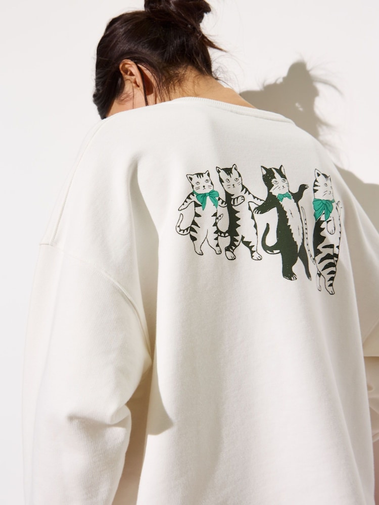 Oliver Bonas Cream 100% Cotton Cat Graphic Sweatshirt - Image 2 of 8 Oliver Bonas Cream 100% Cotton Cat Graphic Sweatshirt - Image 2 of 8