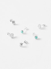 Oliver Bonas Silver Tone Asha Amazonite Engraved Stud Earrings - Image 1 of 5
