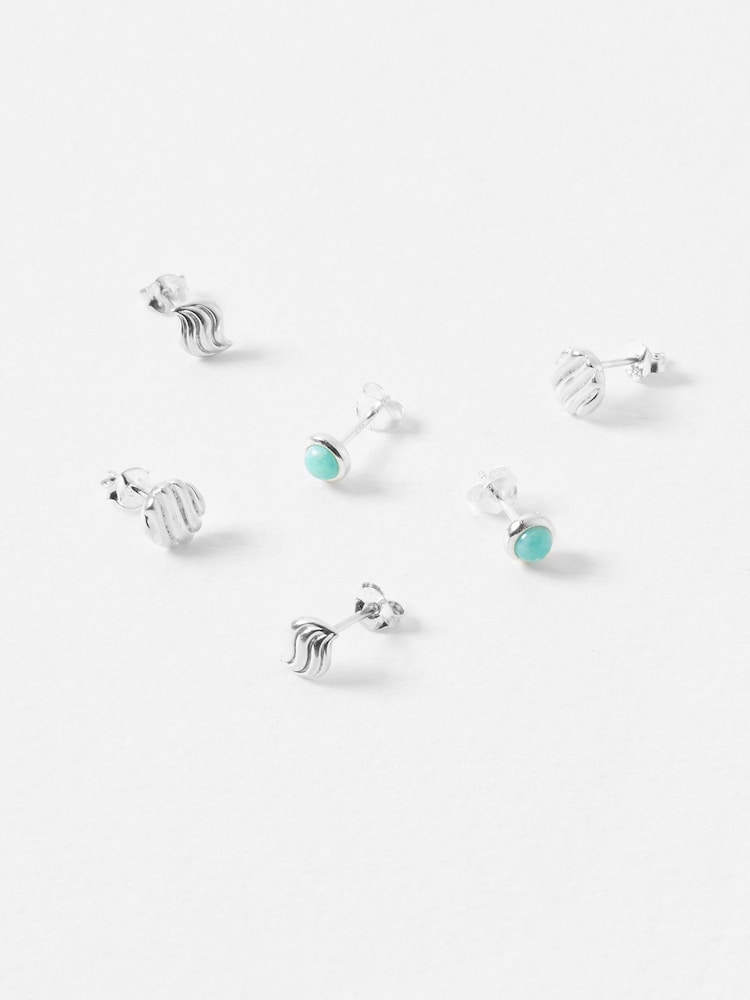 Oliver Bonas Silver Tone Asha Amazonite Engraved Stud Earrings - Image 1 of 5