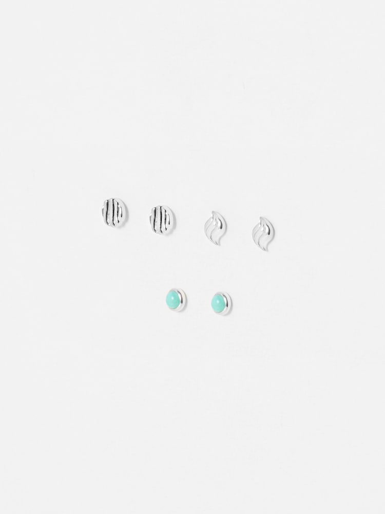 Oliver Bonas Silver Tone Asha Amazonite Engraved Stud Earrings - Image 2 of 5