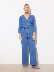 Oliver Bonas Blue Striped Zip Up 100% Cotton Jumpsuit - Image 1 of 8