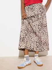 Oliver Bonas Brown Animal Print Tie Waist 100% Cotton Midi Skirt - Image 2 of 5